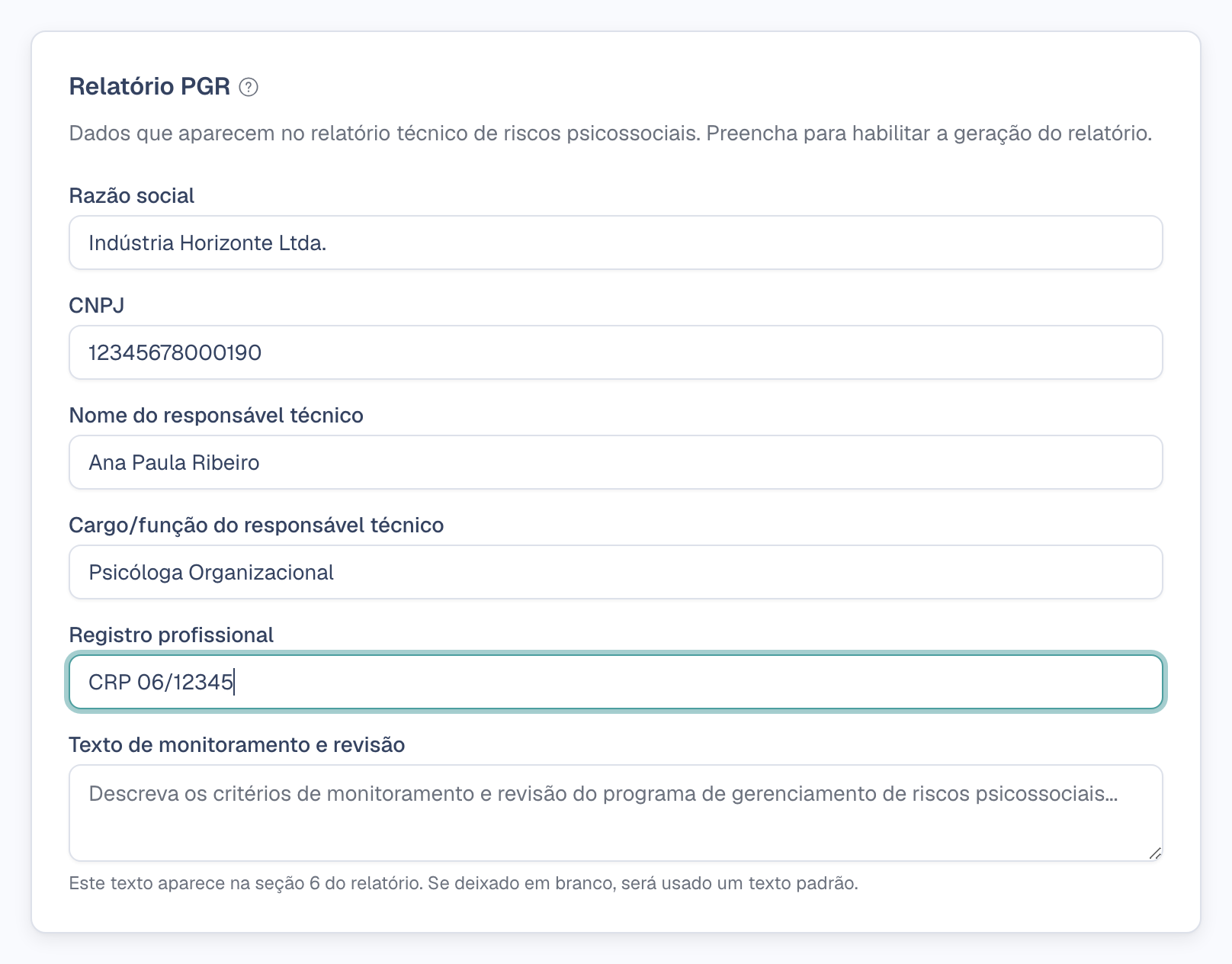 Bloco Relatório PGR preenchido em Configurações
