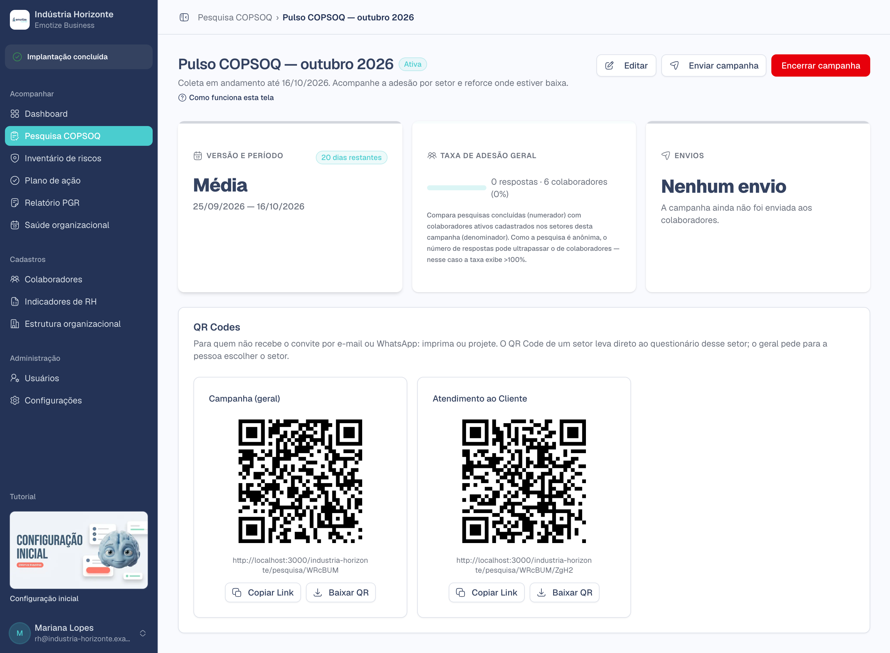 Página de uma campanha ativa com adesão, envios e QR Codes