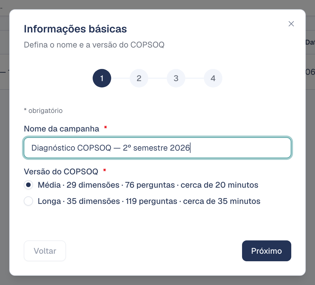 Passo 1 do assistente: nome e versão do COPSOQ