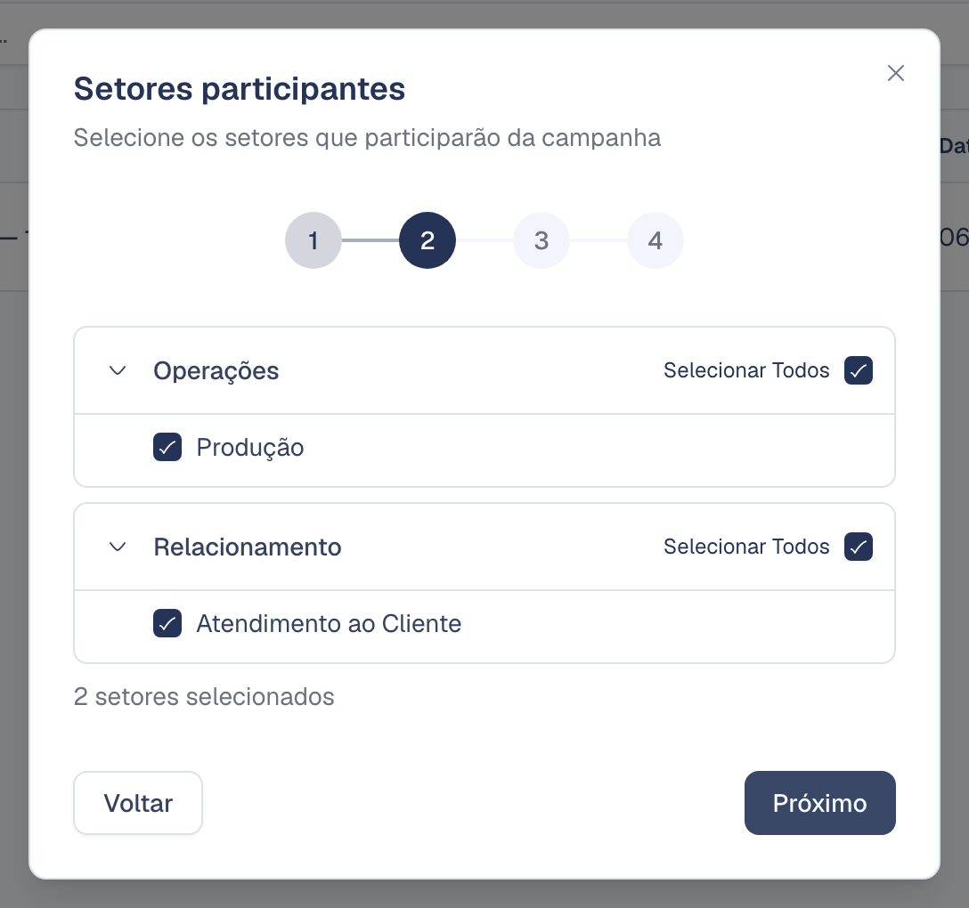 Passo 2 do assistente: setores participantes