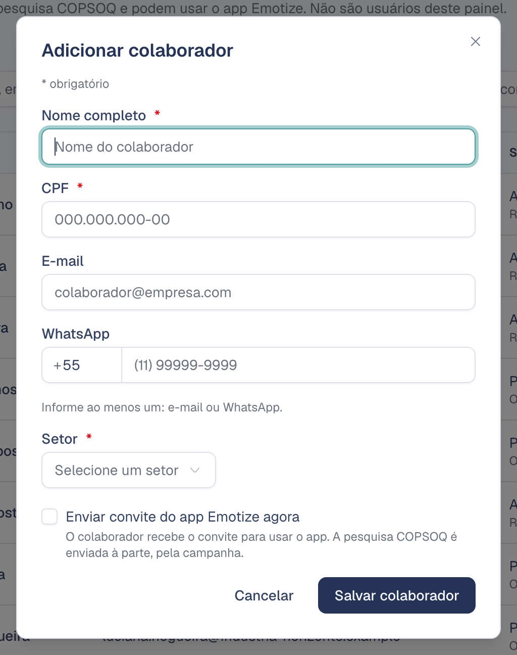 Janela Adicionar colaborador