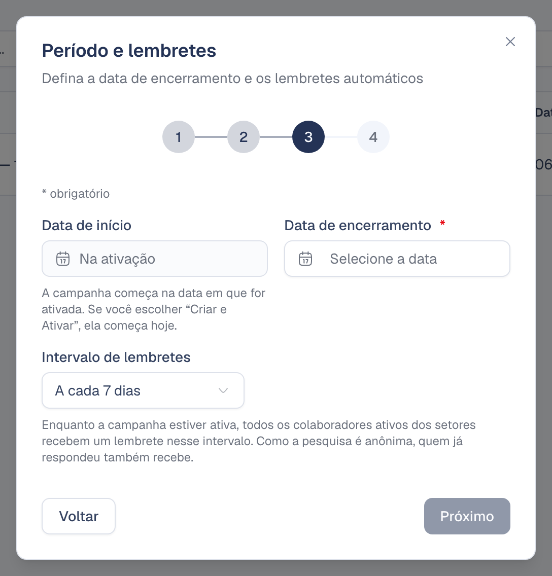 Intervalo de lembretes no passo 3 da criação da campanha