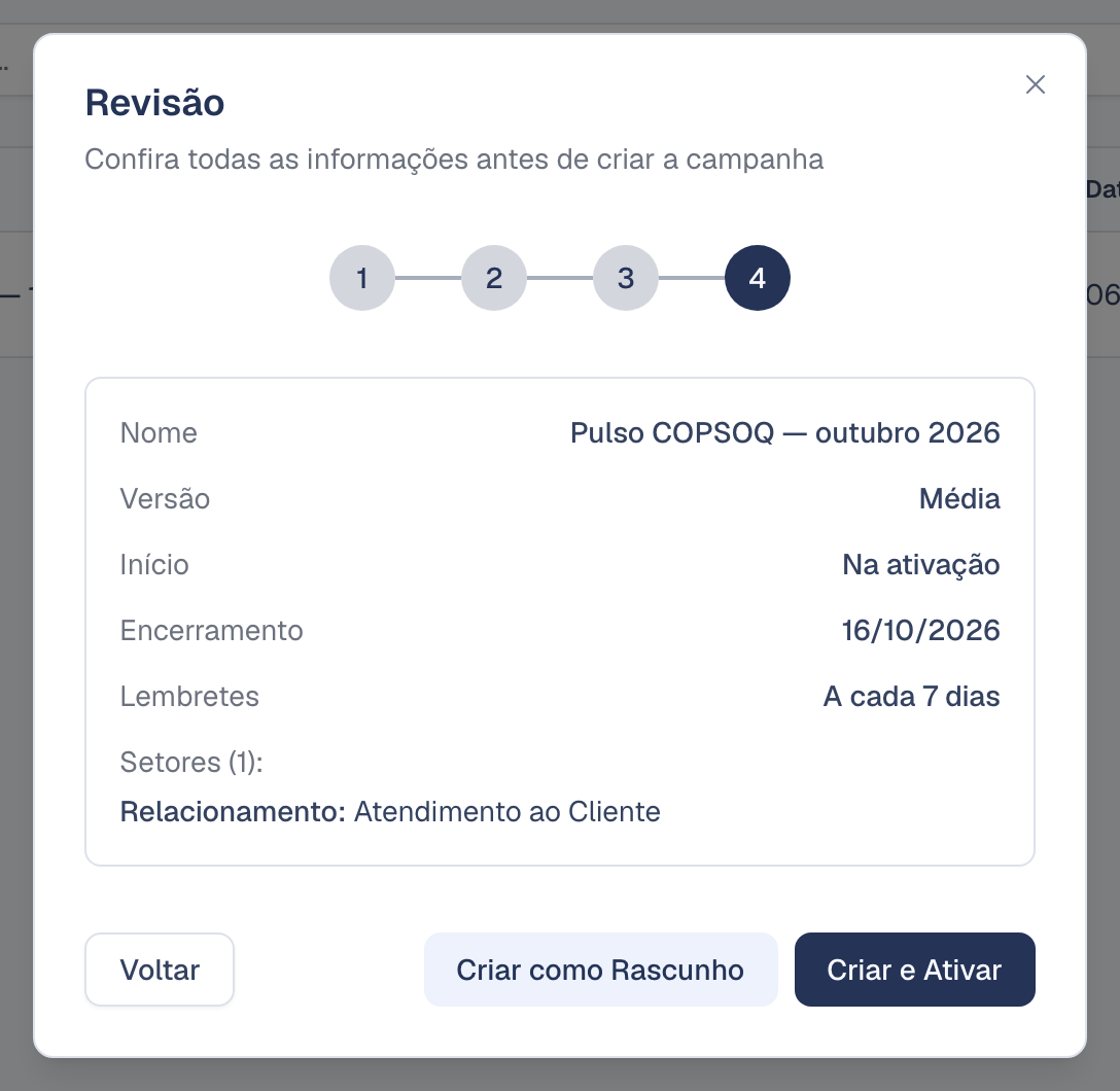 Passo 4 do assistente: revisão com os botões Criar como Rascunho e Criar e Ativar