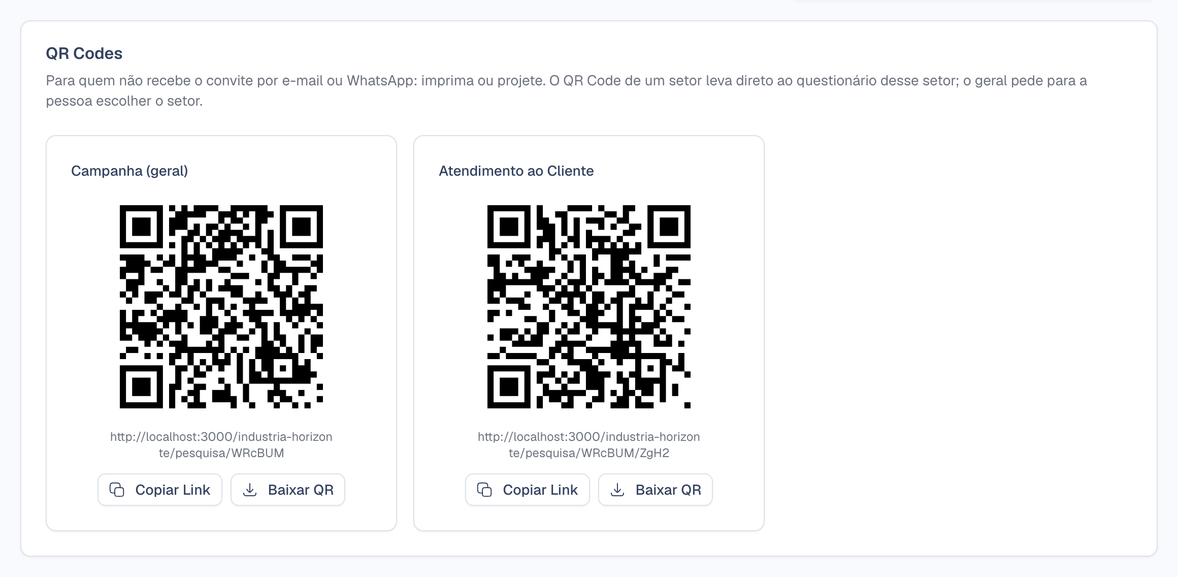 Bloco QR Codes com o QR geral e o QR por setor