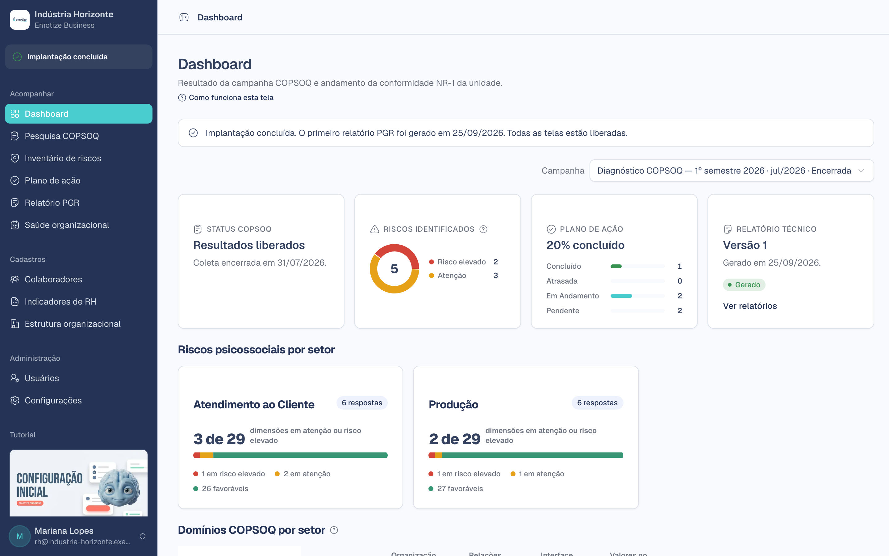 Dashboard com a faixa Implantação concluída