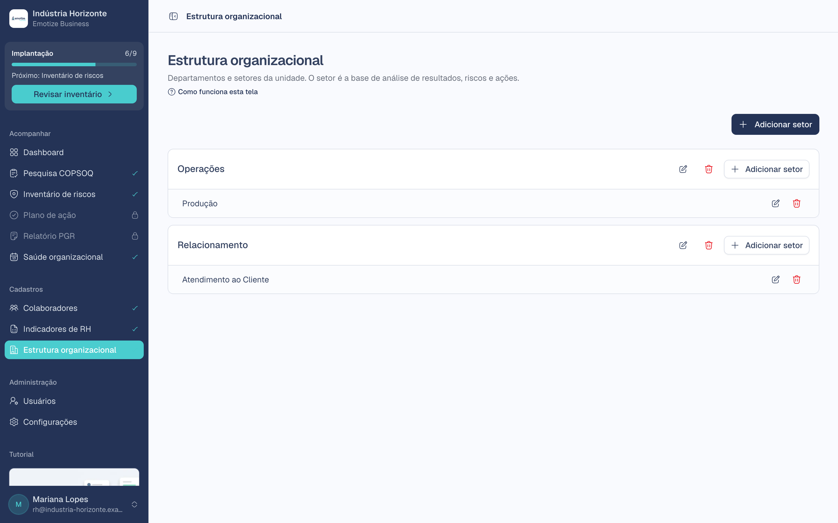 Tela Estrutura organizacional com departamentos e setores