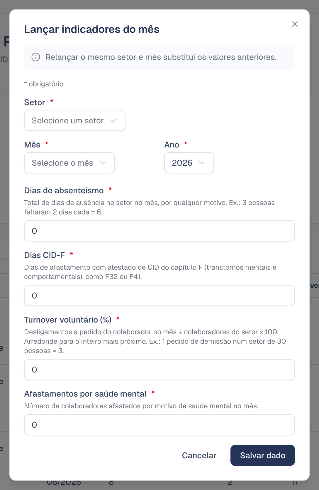 Formulário Lançar indicadores do mês