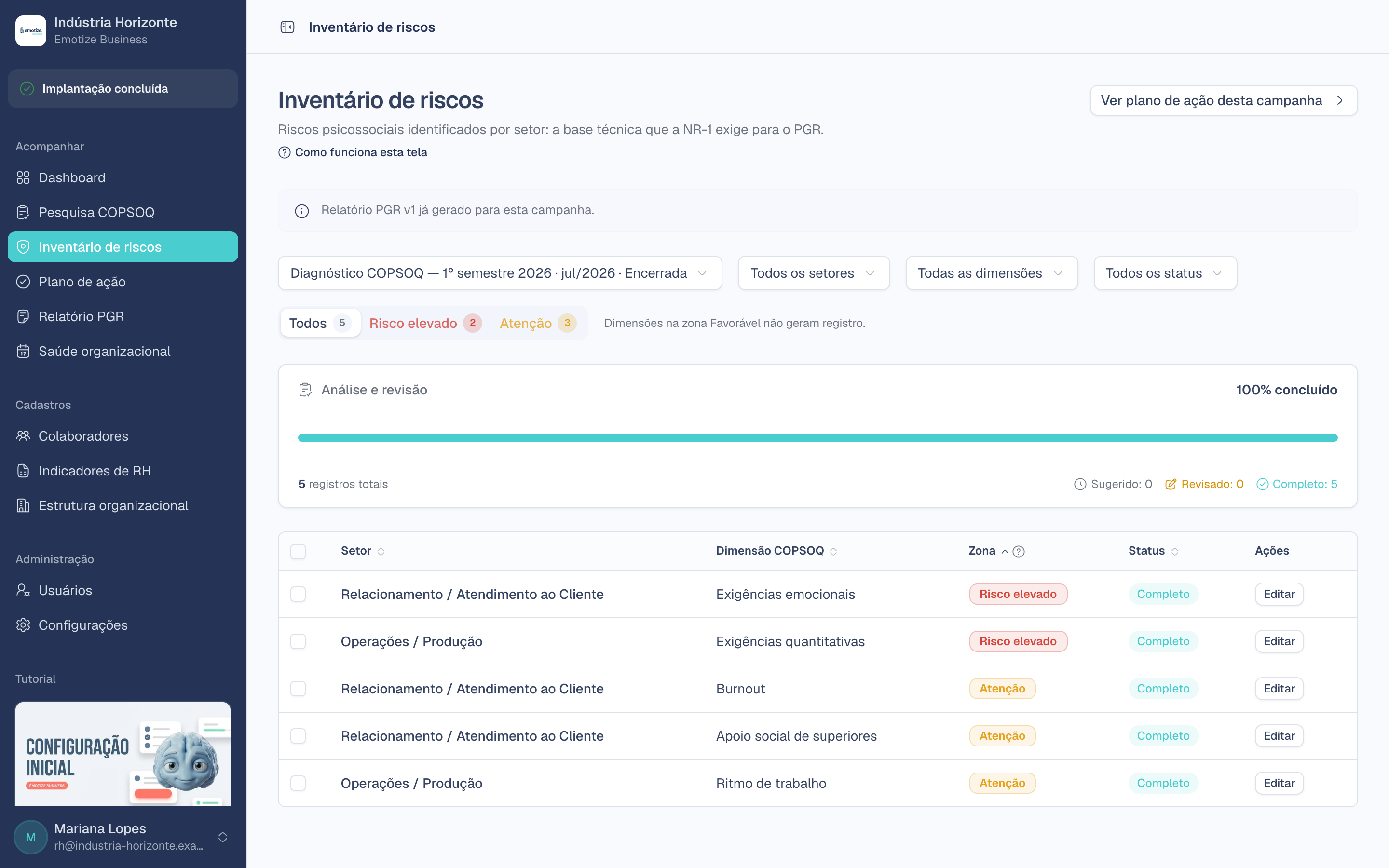 Inventário com todos os registros em Completo