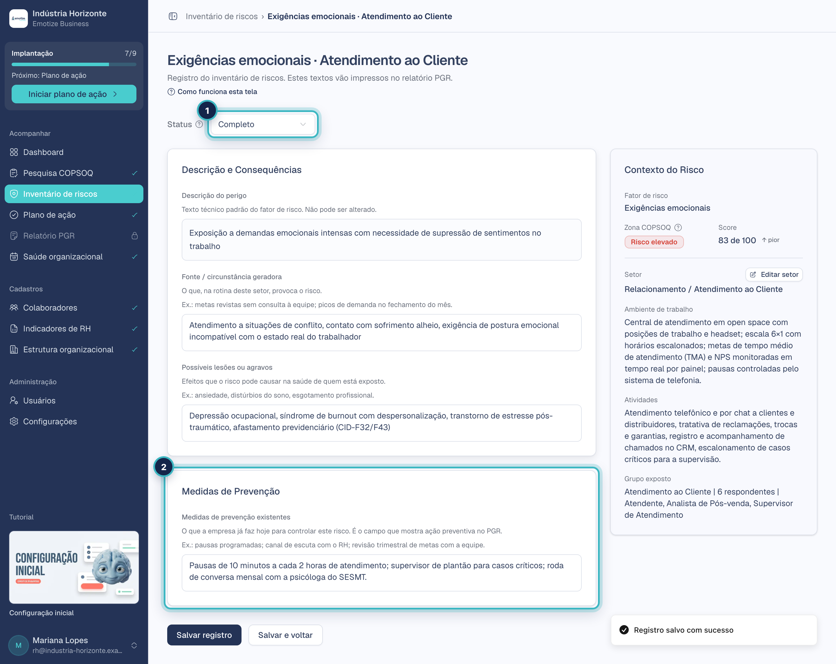 Registro do inventário com o status Completo e as medidas de prevenção preenchidas