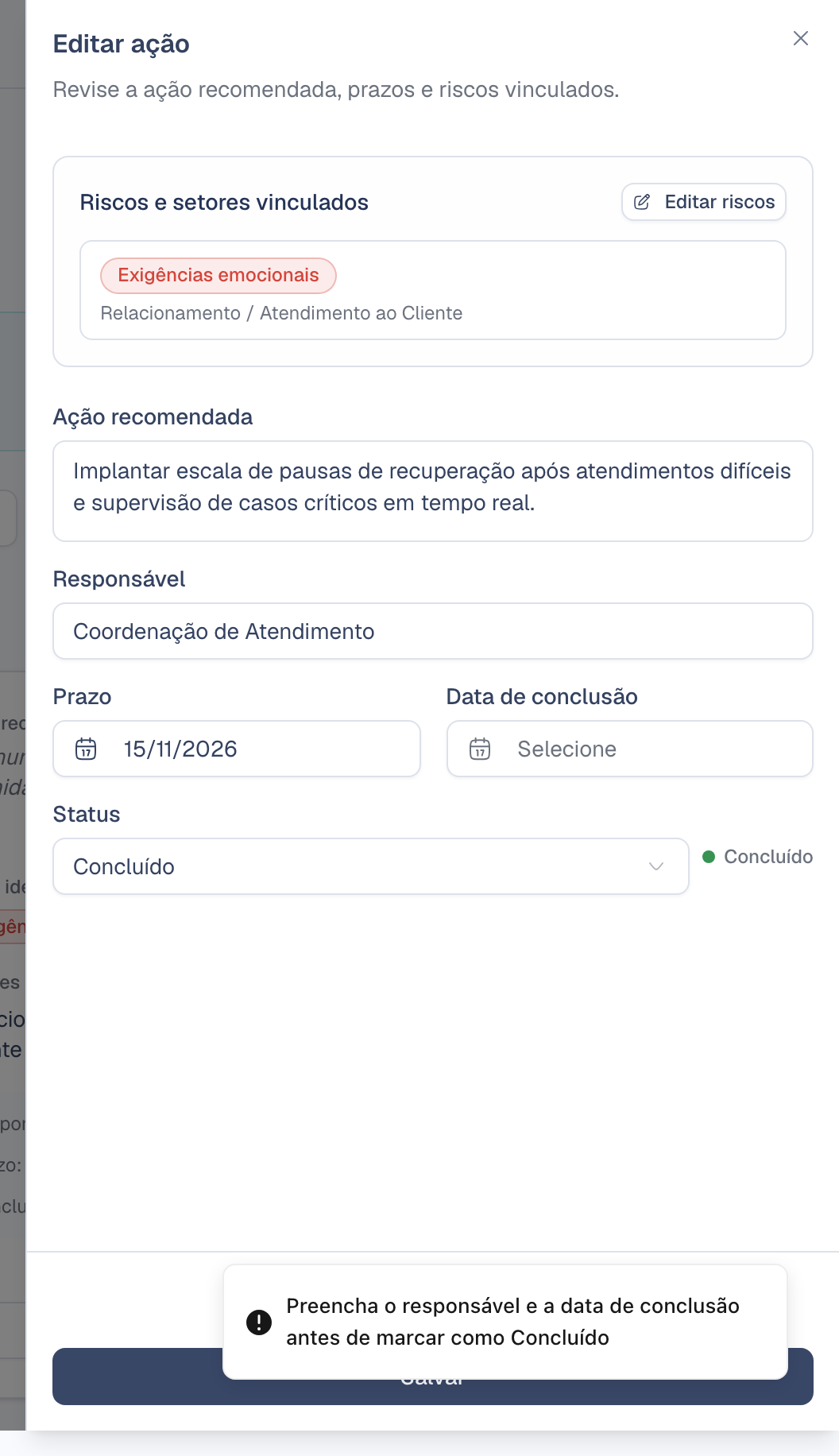 Aviso ao tentar concluir sem data de conclusão