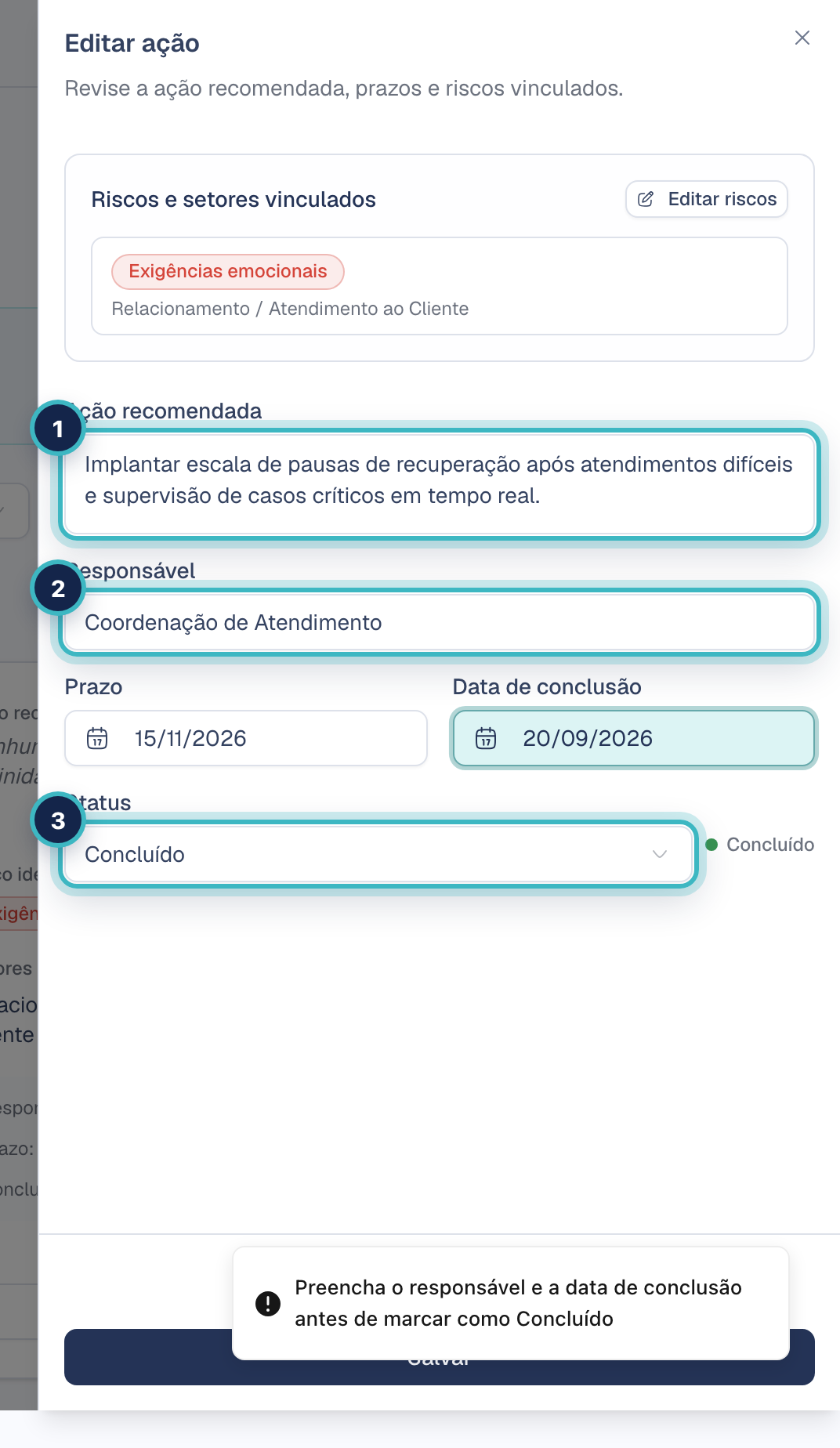 Janela Editar ação com os campos numerados