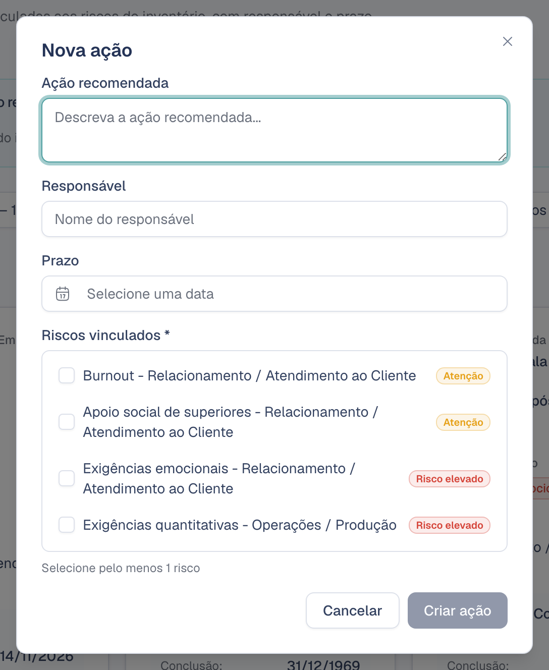 Janela Nova ação com a lista de riscos vinculados