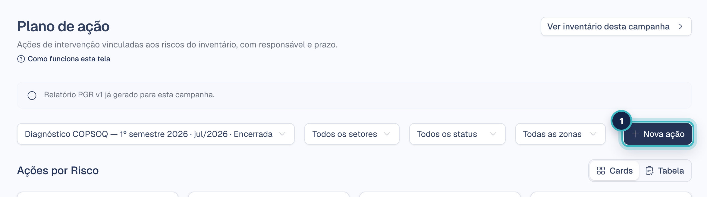 Tela Plano de ação com filtros e o botão Nova ação em destaque