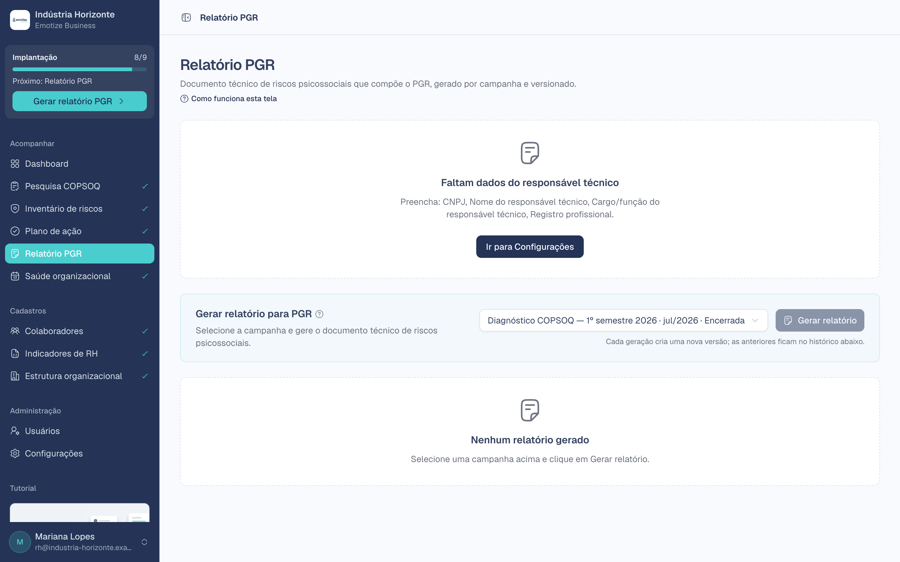 Tela Relatório PGR com o aviso Faltam dados do responsável técnico